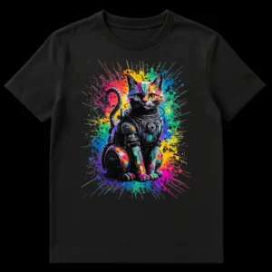 Cyberpunk Cat T-shirt with rainbow paint splatter and intricate robotic details, a vibrant sci-fi feline design. on Black t-shirt