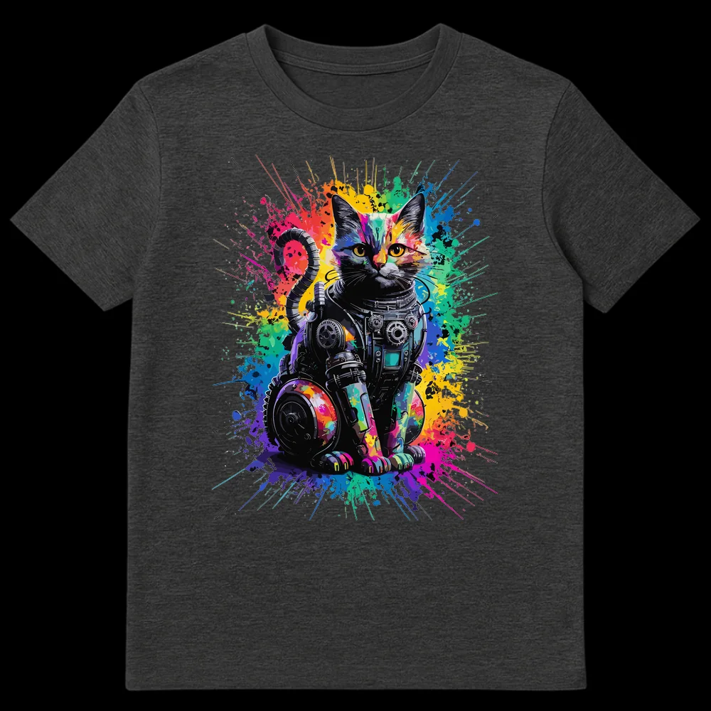 Cyberpunk Cat T-shirt with rainbow paint splatter and intricate robotic details, a vibrant sci-fi feline design. on Dark Heather t-shirt