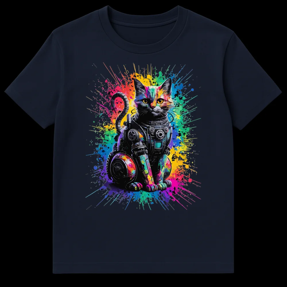 Cyberpunk Cat T-shirt with rainbow paint splatter and intricate robotic details, a vibrant sci-fi feline design. on Navy Blue t-shirt