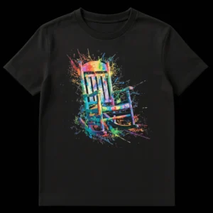 Vibrant abstract rocking chair t-shirt with rainbow paint splatters on a black background on Black t-shirt