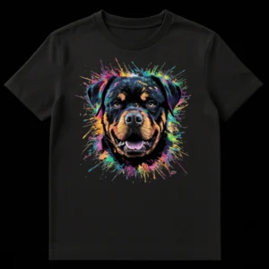 Vibrant Splash Art Rottweiler T-Shirt with happy dog portrait and colorful paint splatters on Black t-shirt
