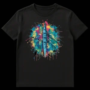 Vibrant Crew Shell Rowing T-Shirt with colorful paint splatters on a black background, depicting an overhead view of a rowing boat. on Black t-shirt