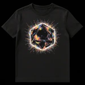 Vibrant D20 dice explosion t-shirt design for tabletop role-playing game enthusiasts on a black background on Black t-shirt
