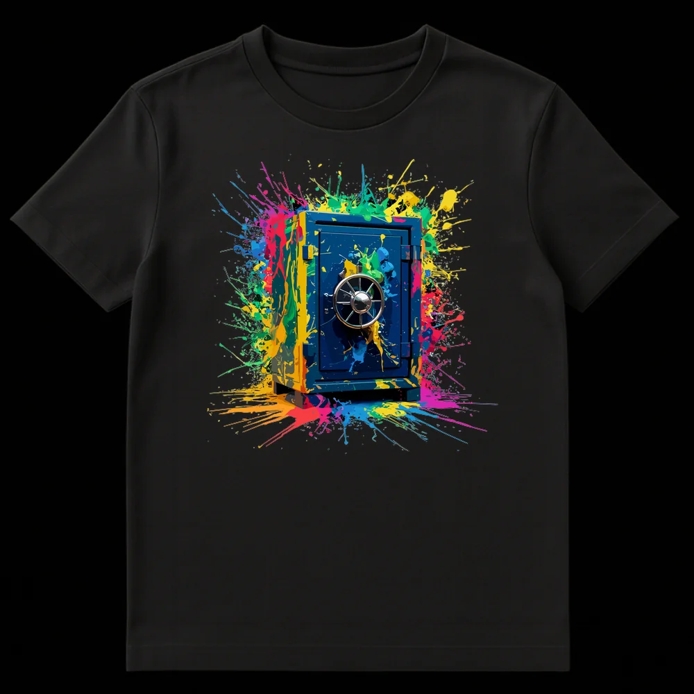 T-shirt design featuring a detailed navy blue security safe with a combination dial, covered in an explosion of vibrant pink, blue, green, and yellow paint splatters, set against a black background. on Black t-shirt