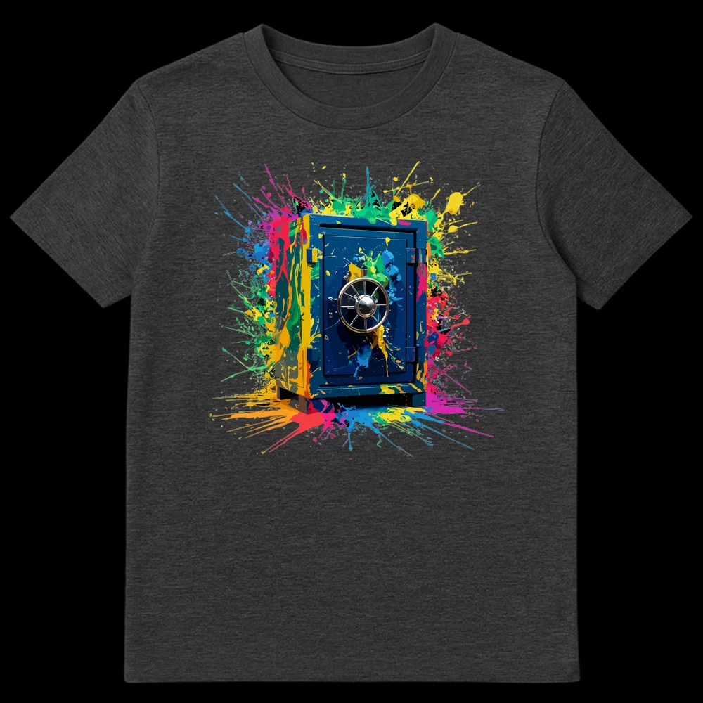 T-shirt design featuring a detailed navy blue security safe with a combination dial, covered in an explosion of vibrant pink, blue, green, and yellow paint splatters, set against a black background. on Dark Heather t-shirt