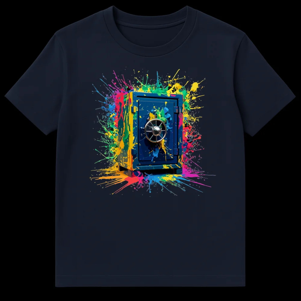 T-shirt design featuring a detailed navy blue security safe with a combination dial, covered in an explosion of vibrant pink, blue, green, and yellow paint splatters, set against a black background. on Navy Blue t-shirt