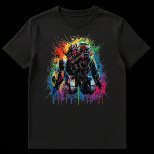 Cyberpunk Robot Splatter T-Shirt with menacing mechanical cyborg head and vibrant rainbow paint splashes on Black t-shirt