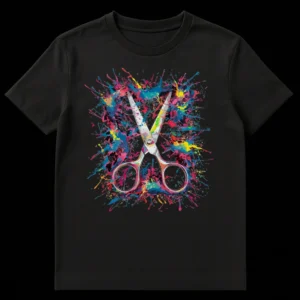 Vibrant t-shirt design with sleek silver scissors amidst an explosion of colorful paint splatters in pink, blue, green, yellow, and purple on a black background. on Black t-shirt