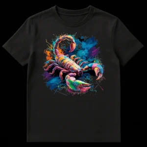 Vibrant watercolor splash scorpion t-shirt on black, featuring fuchsia, teal, orange, and blue hues. Dynamic astrology scorpion graphic. on Black t-shirt
