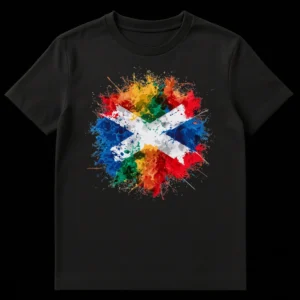 Vibrant paint splatter design of the South African flag on a black t-shirt, featuring red, blue, green, yellow, and white colors in an abstract, explosive style. on Black t-shirt
