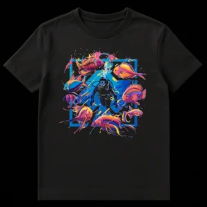 Vibrant Scuba Diver T-Shirt with colorful tropical fish and abstract art, featuring 'CONCRATS DIVING' text. on Black t-shirt
