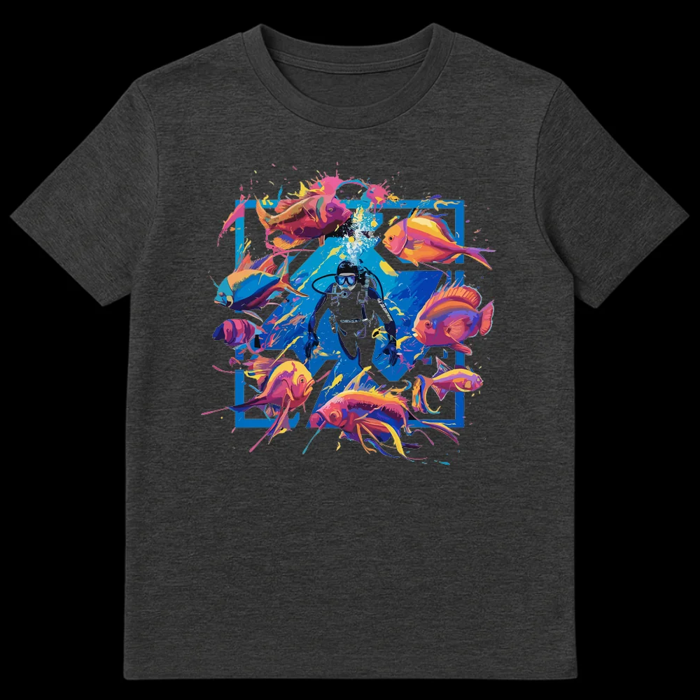 Vibrant Scuba Diver T-Shirt with colorful tropical fish and abstract art, featuring 'CONCRATS DIVING' text. on Dark Heather t-shirt