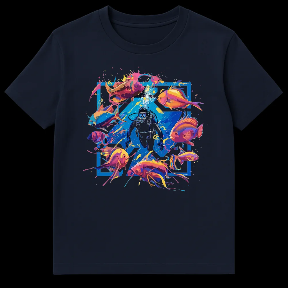 Vibrant Scuba Diver T-Shirt with colorful tropical fish and abstract art, featuring 'CONCRATS DIVING' text. on Navy Blue t-shirt
