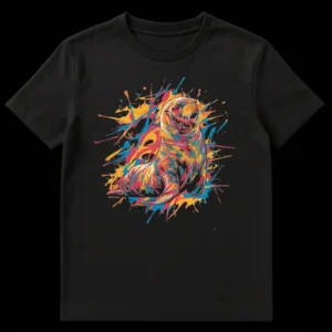Vibrant pop art sea lion t-shirt with abstract paint splatters and 'Gerry Pure '17' text on Black t-shirt