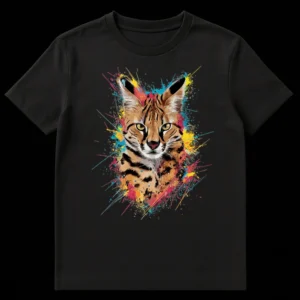 Ocelot Art Unisex T-Shirt featuring a realistic ocelot head with vibrant, colorful paint splatters on a black background on Black t-shirt