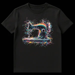Abstract splatter paint sewing machine design on a black t-shirt with vibrant teal, magenta, yellow, and blue colors, celebrating the craft of sewing on Black t-shirt