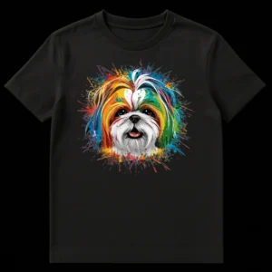 Vibrant splatter art Shih Tzu dog t-shirt design with colorful paint splashes on black on Black t-shirt