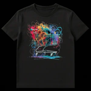 T-shirt with a realistic shopping cart exploding with vibrant, multi-colored paint splatters, including fuchsia, orange, teal, purple, and blue. on Black t-shirt
