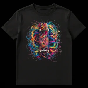 Vibrant paint splash skateboard graphic on a black t-shirt, showing a skateboard surrounded by neon colors like blue, pink, orange, yellow, and green splatters. on Black t-shirt