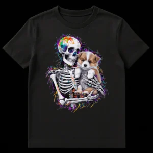 Skeleton embracing a puppy surrounded by vibrant multi-color paint splatters, neo-expressionist art style t-shirt design on Black t-shirt