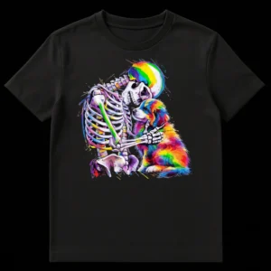 Vibrant rainbow skeleton embracing a fluffy dog on a black t-shirt, symbolizing eternal pet love with colorful paint splatters. on Black t-shirt