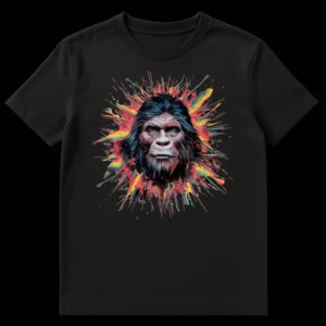 Splatter Art Bigfoot T-Shirt featuring a realistic Sasquatch portrait surrounded by vibrant, colorful paint splatters on a black background on Black t-shirt