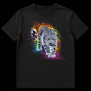 Majestic snow leopard t-shirt with vibrant paint splatters, black background. Grayscale big cat art, colorful animal graphic tee. on Black t-shirt