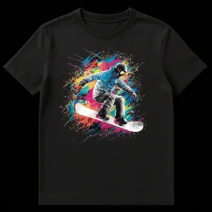 Dynamic Snowboarder in Mid-Air T-Shirt with Vibrant Abstract Color Splashes on Black t-shirt