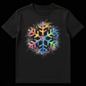 Rainbow Paint Splatter Snowflake Unisex T-Shirt, vibrant abstract art design with colorful snowflake exploding with paint on a black background, artistic winter apparel on Black t-shirt