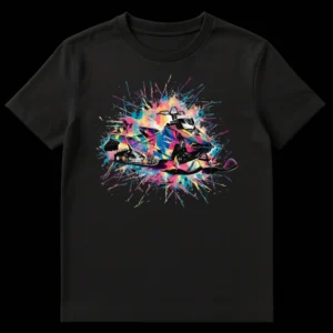 Vibrant abstract snowmobile t-shirt design with colorful paint splatters and black background on Black t-shirt
