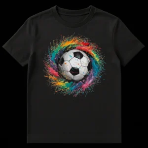 Dynamic soccer ball t-shirt with colorful paint splatters on a black background on Black t-shirt