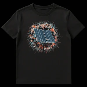 Solar panels with an abstract, energetic burst of teal, orange, and blue on a black t-shirt, symbolizing clean energy. on Black t-shirt