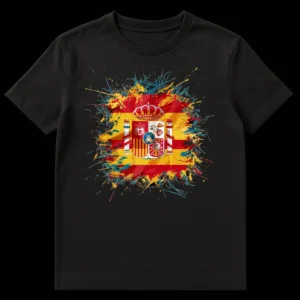 Dynamic Spain Flag and Coat of Arms t-shirt with abstract red and yellow splatter art on a black background, representing Spanish pride and heritage. on Black t-shirt