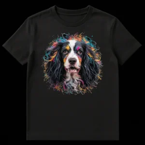 Vibrant Splatter Dog Art T-Shirt featuring a Spaniel portrait with colorful paint strokes on a black background on Black t-shirt