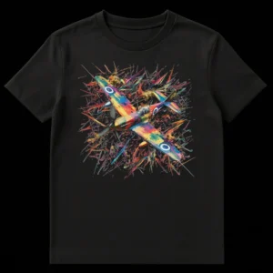 Vibrant Spitfire Fighter Plane T-Shirt with abstract explosion art on a black background on Black t-shirt