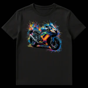 Vibrant sportbike t-shirt design with colorful paint splashes, featuring a dynamic motorcycle graphic on a black background, evoking speed and energy. on Black t-shirt