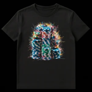 Vibrant Chip Splash T-Shirt with exploding poker chips and colorful paint splatters for poker players and casino fans on Black t-shirt