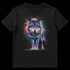 Vibrant splatter paint wolf t-shirt with electric blue, pink, and orange colors on a black background, artistic wolf design on Black t-shirt