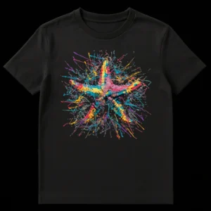 Vibrant abstract starfish t-shirt design with colorful splatters on a black background, featuring teal, yellow, pink, and blue hues on Black t-shirt