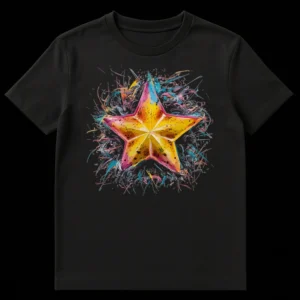 Abstract Exploding Star T-Shirt with vibrant paint splatter and glitch art in yellow, orange, pink, blue, on a black background on Black t-shirt