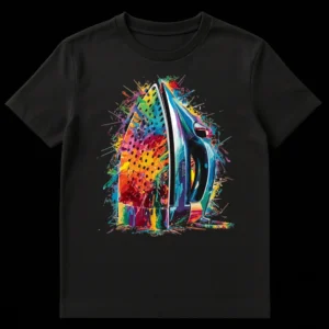 Vibrant splatter art t-shirt design featuring an electric steam iron in rainbow colors on a black background on Black t-shirt