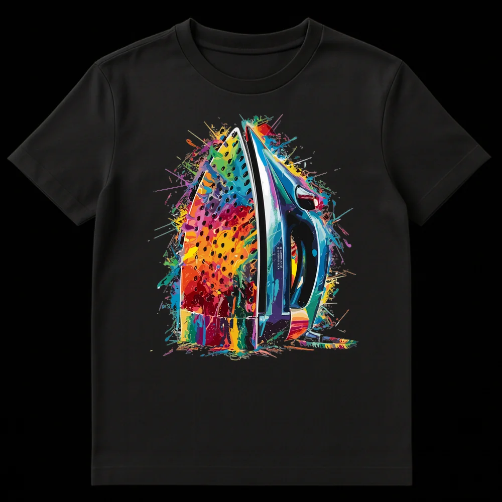 Vibrant splatter art t-shirt design featuring an electric steam iron in rainbow colors on a black background on Black t-shirt