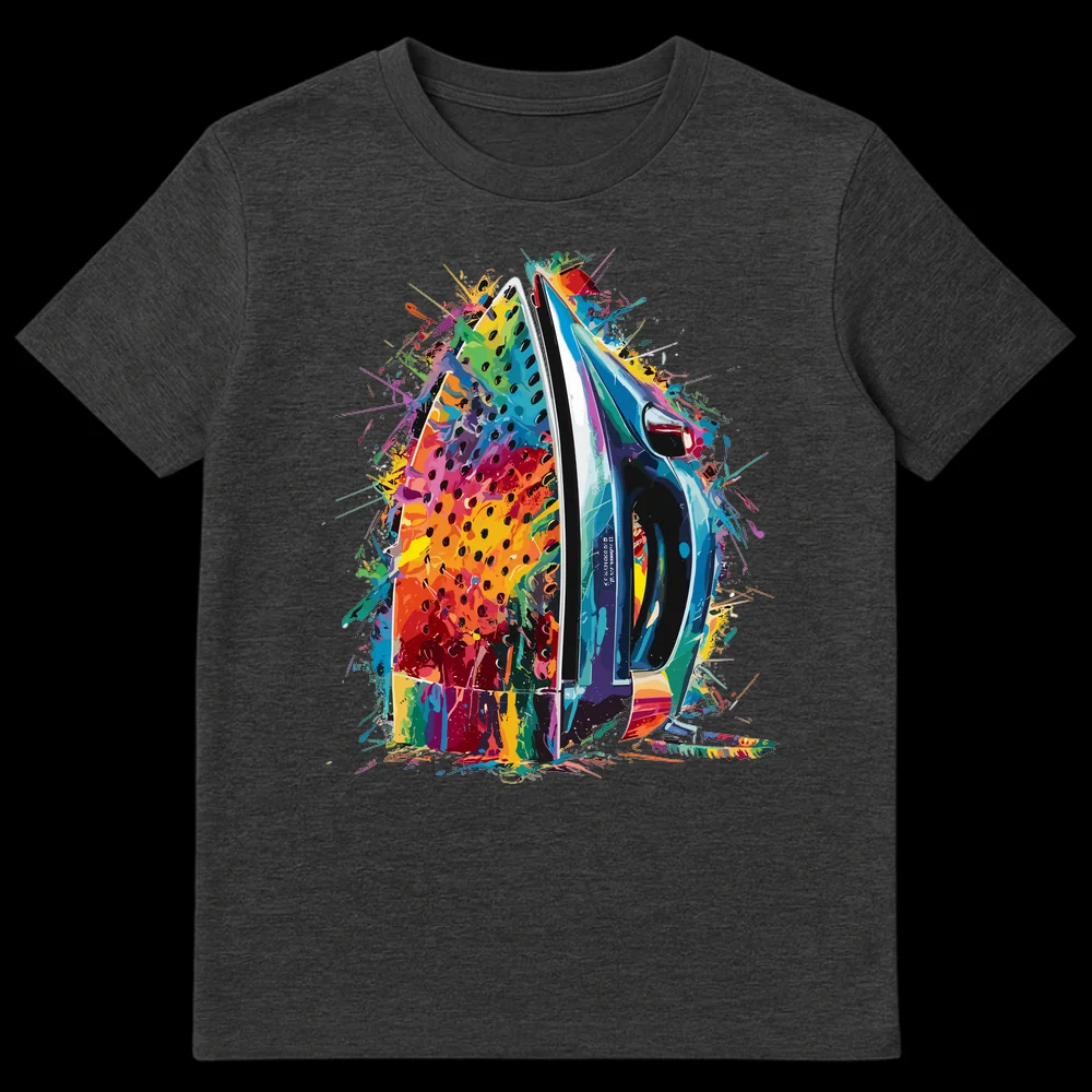 Vibrant splatter art t-shirt design featuring an electric steam iron in rainbow colors on a black background on Dark Heather t-shirt