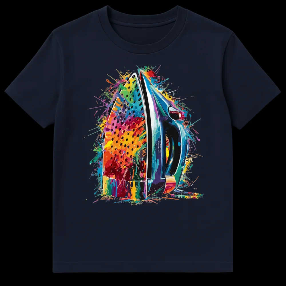 Vibrant splatter art t-shirt design featuring an electric steam iron in rainbow colors on a black background on Navy Blue t-shirt