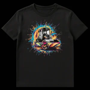 Vibrant Road Roller Paint Explosion Construction T-Shirt on Black t-shirt