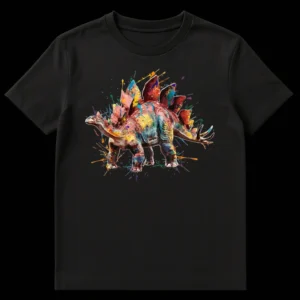 Vibrant abstract splash art Stegosaurus t-shirt design with diverse bright colors on a black background on Black t-shirt