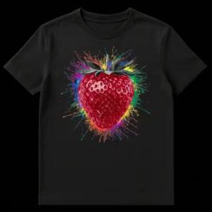 Vibrant red strawberry surrounded by a rainbow of paint splatters on a black t-shirt, showcasing dynamic and colorful art. on Black t-shirt