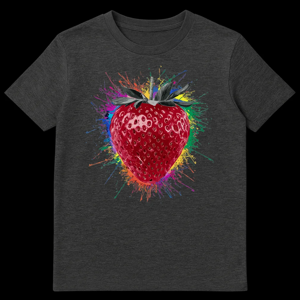 Vibrant red strawberry surrounded by a rainbow of paint splatters on a black t-shirt, showcasing dynamic and colorful art. on Dark Heather t-shirt