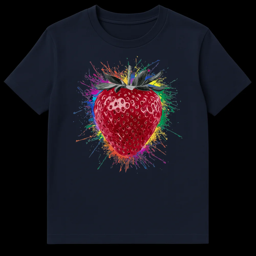 Vibrant red strawberry surrounded by a rainbow of paint splatters on a black t-shirt, showcasing dynamic and colorful art. on Navy Blue t-shirt