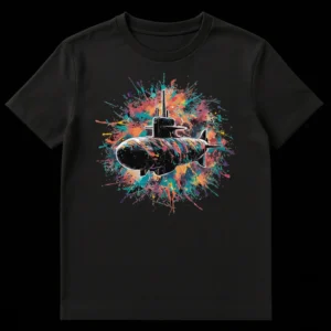 Vibrant abstract submarine design t-shirt with colorful paint splatters on a black background on Black t-shirt